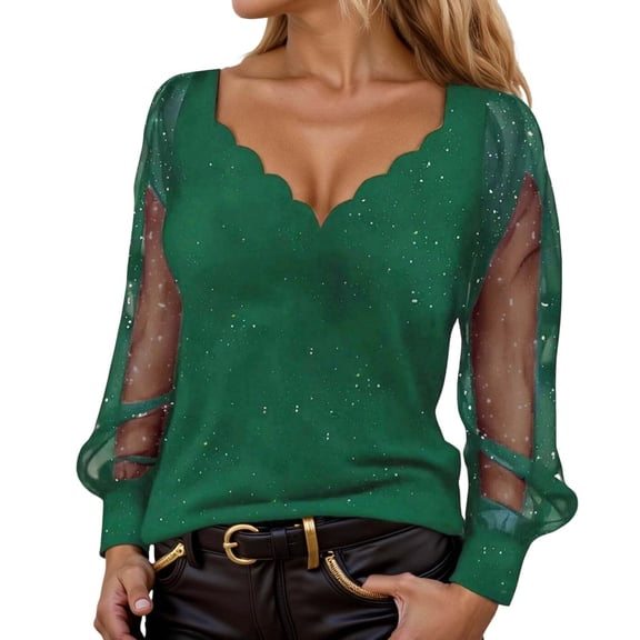 Womens Sparkly Tops Dressy Mesh Puff Long Sleeve Blouses V Neck Glitter Cocktail Party Evening Shirts Plus Size Top