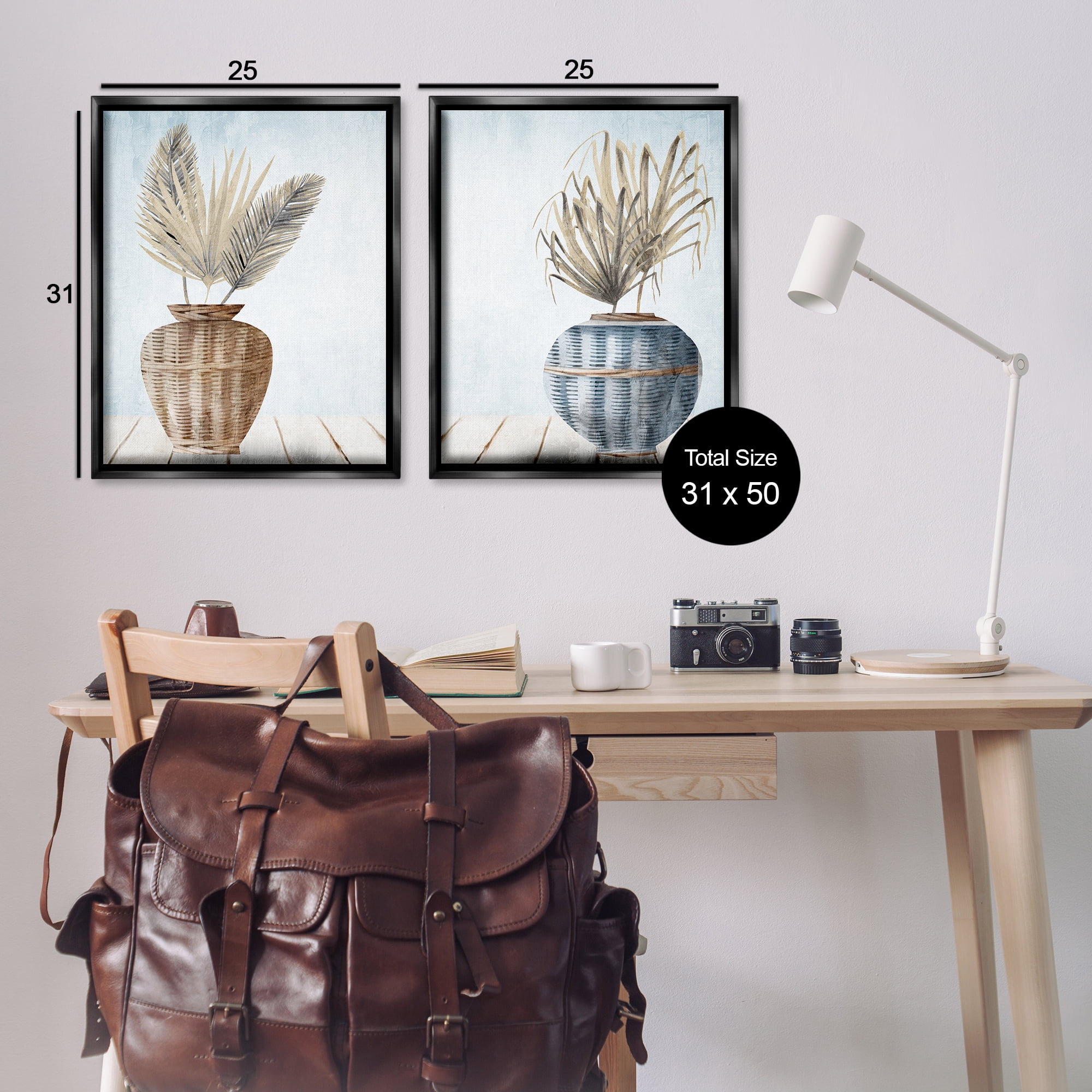 Stupell Industries Palms in Rattan Planters Floral & Botanical Painting Black Floater Framed Canvas Art Print Wall Art, 31 x 25, Set of 2