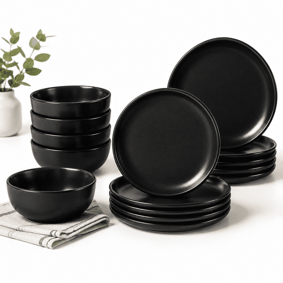 Porcelain Dinnerware Sets 12 Piece Dishes Set For 4 Black Onyx