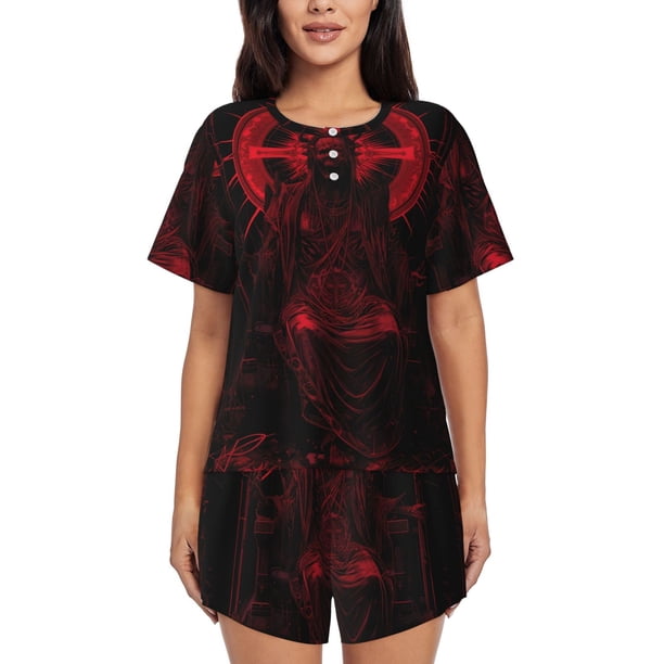 Balery Red Gothic Skeleton Throne Conjunto de Pijama para Mujer con Estampado, Dos Piezas de Manga Corta y Shorts, Ropa de Dormir Suave con Cuello Redondo y Bolsillos-XX-Large