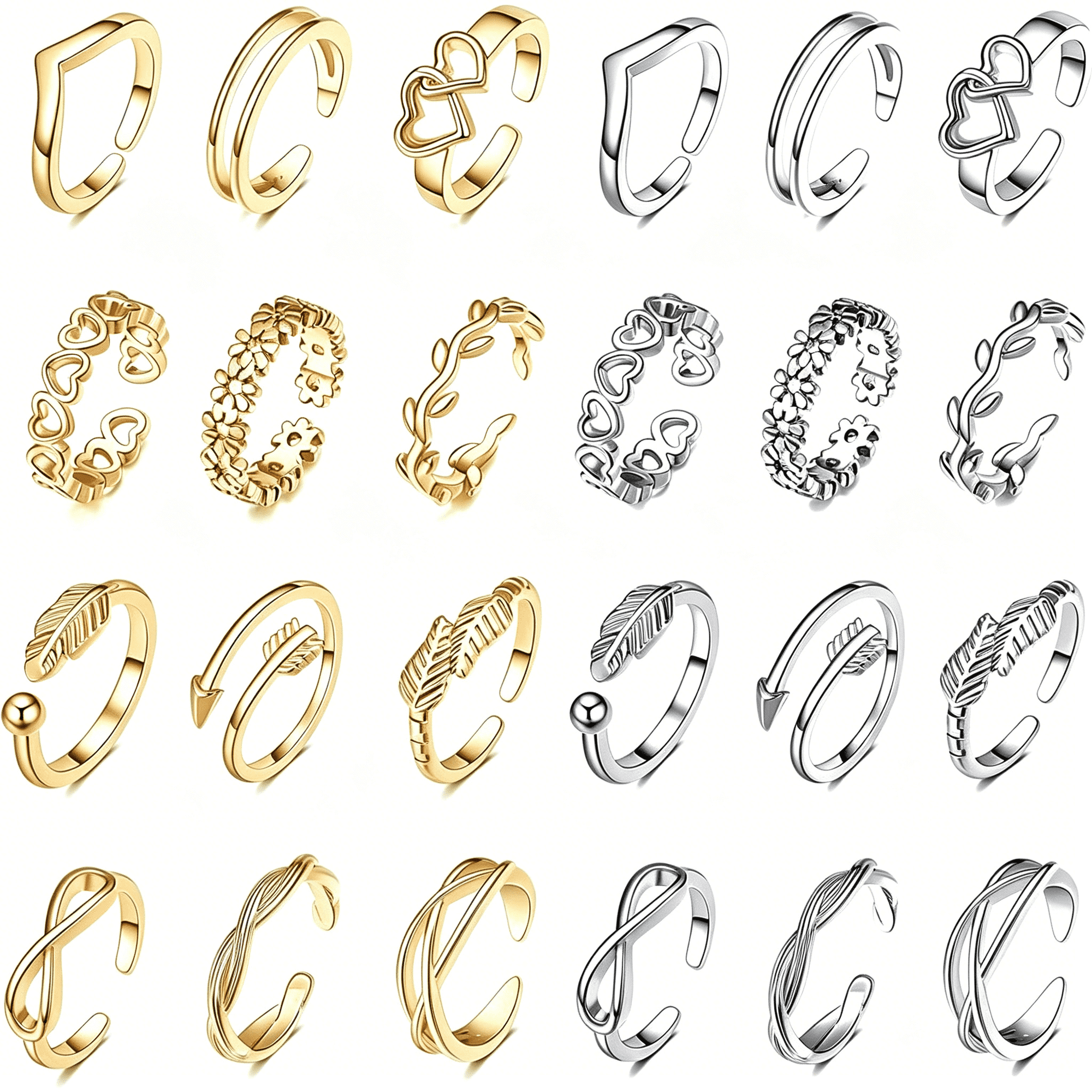 Designice 24Pcs Open Toe Rings Set for Women Non Tarnish Adjustable Toe Band Knuckle Ring Knot Star Moon Finger Tail Foot Rings Cute Summer Beach Foot Jewelry