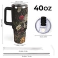 thumbnail image 2 of 40 oz Insulated Tumbler with Handle, Leak-Proof Straw Lid, Stainless Steel Travel Mug for Car & Road Trips - Skull Flowers Illustration, 2 of 6