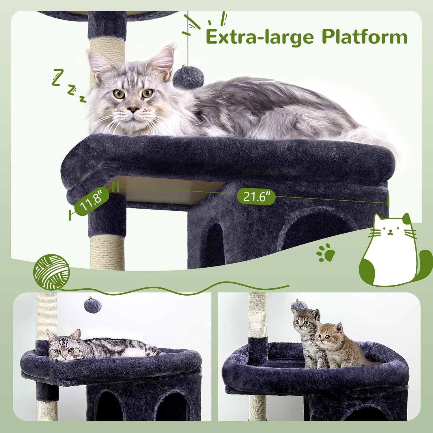 Sturdy 72" Heavy Duty Cat Tree for Large Cats 20 lbs+ with 6 Scratching Posts & Hammock, CT73S, Dark Gray