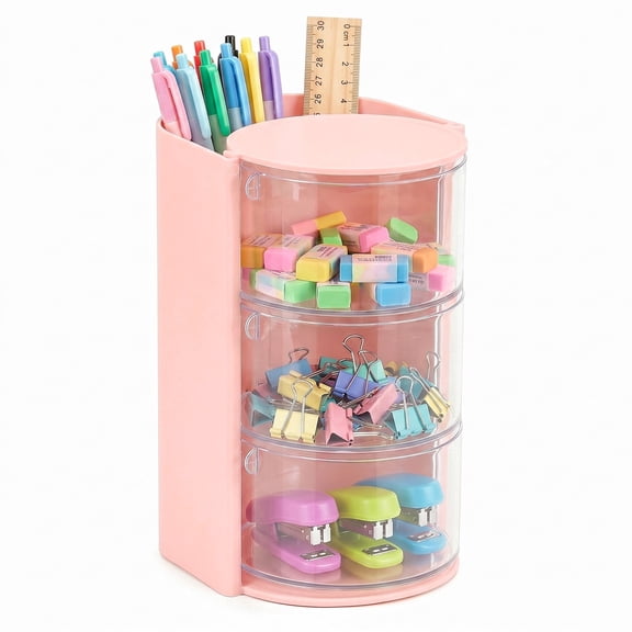 SAYEEC Pink 3 Tier Rotating Transparent Desk Organizer, Pen Makeup Brush Storage Holder for Home Office Vanity