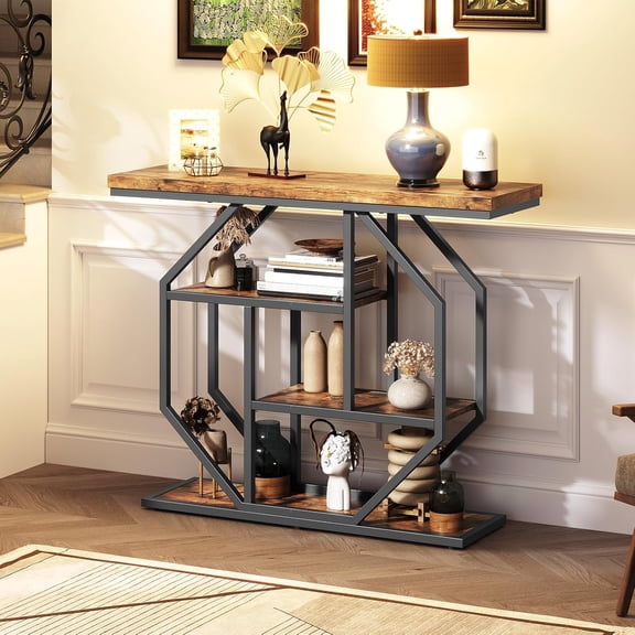 Console Sofa Table, 39.4'' Industrial Entryway Table, 4-Tier Entrance Decor with Storage Shelves, for Living Room, Hallway, Rustic Brown