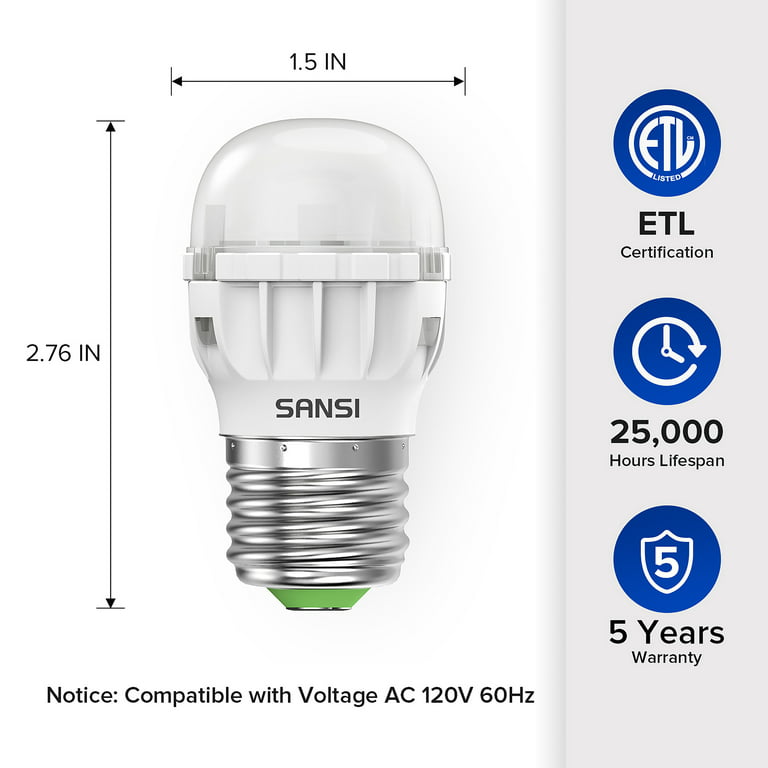 SANSI LED A11 Refrigerator Light Bulbs, 4 watts(45 Watts Equi), Daylight 5000K, E26 Base, Energy Saving, 2 Pack, Size: 3.13 x 1.59 x 2.91, White