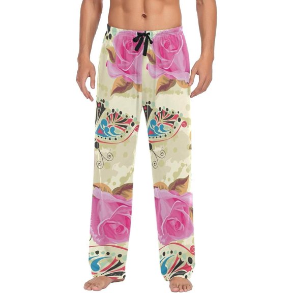 Butterflies and Roses Beige Ghost Pajama Pants, Men's Lounge Pants Light with Drawstring and Pockets, Christmas New Year Birthday Father's Day Gifts, Medium