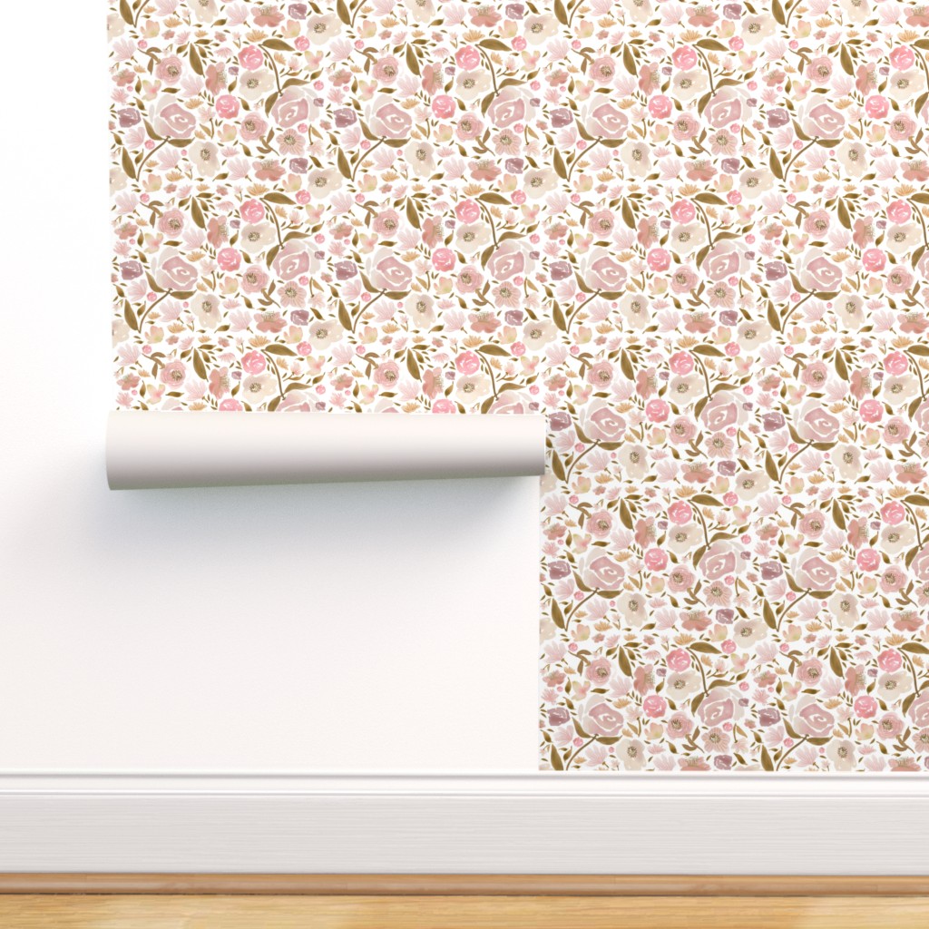 Removable Wallpaper 12ft x 2ft - Baby Blush Roses Watercolor Flowers