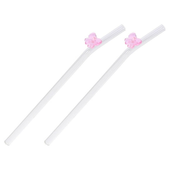 2Pcs Pink Glass Straw Drinking Reusable for Family Gatherings Butterfly Bow 11.3x0.3x0.3in
