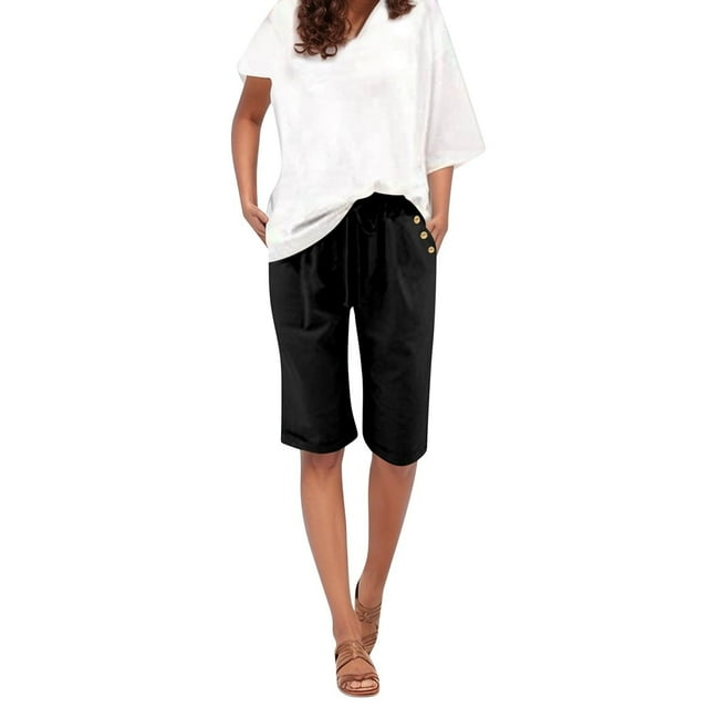 Lenpel Bermuda Shorts for Women Elastic High Waisted Drawstring Side Button Knee Length Shorts Summer Casual Shorts with Pockets