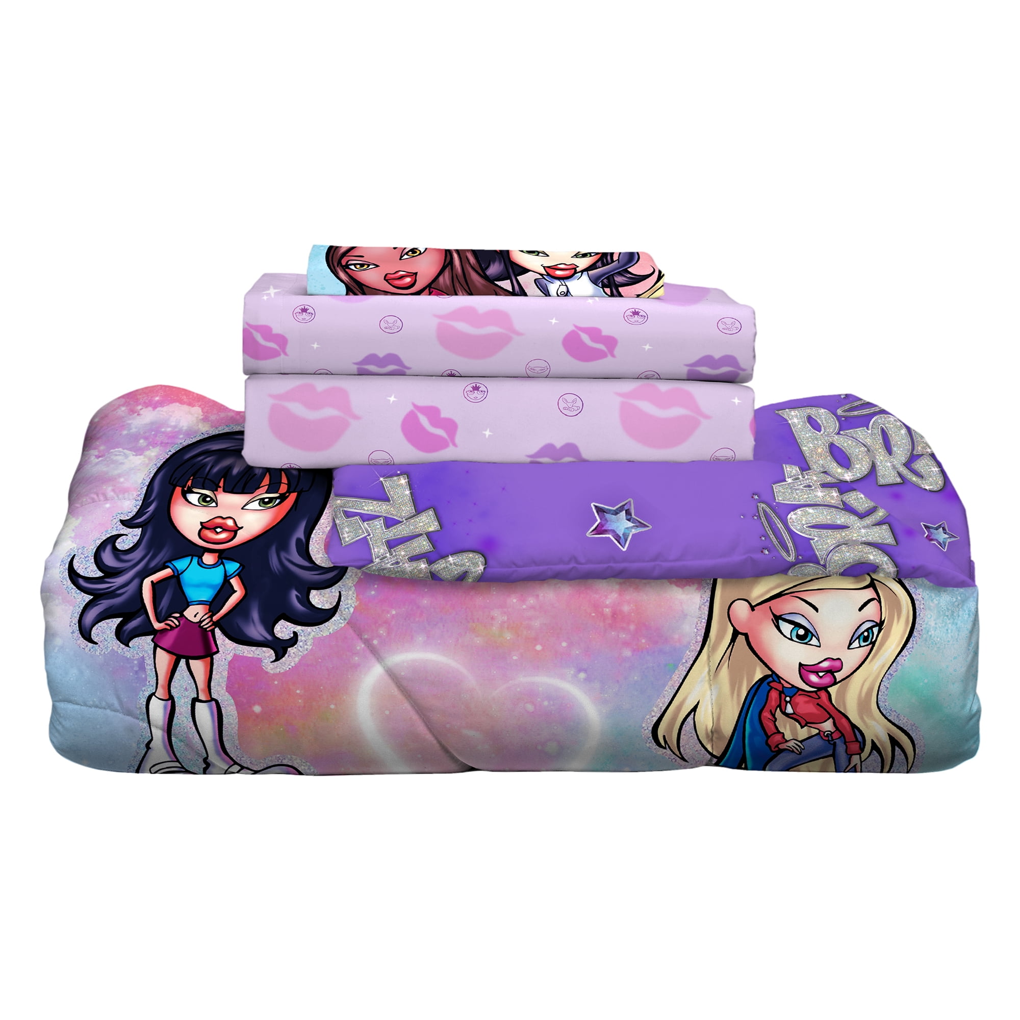 Bratz Kids 4 Piece Purple Reversible Comforter, Bed in a Bag, Twin