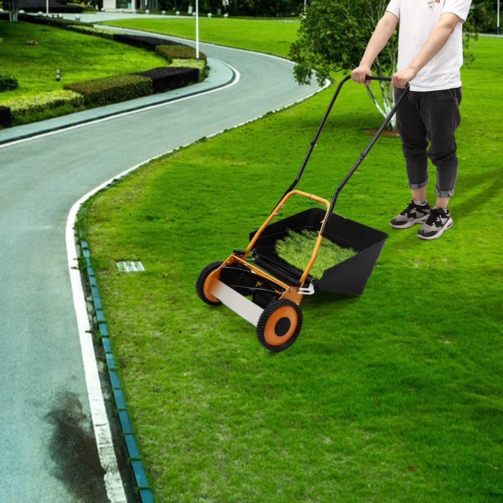 Aiqidi 16 inch Push Lawn Mower Adjustable Height Manual Push Reel Lawn Sweeper with 4 Blades Collection Bag for Yards Sidewalks Orange