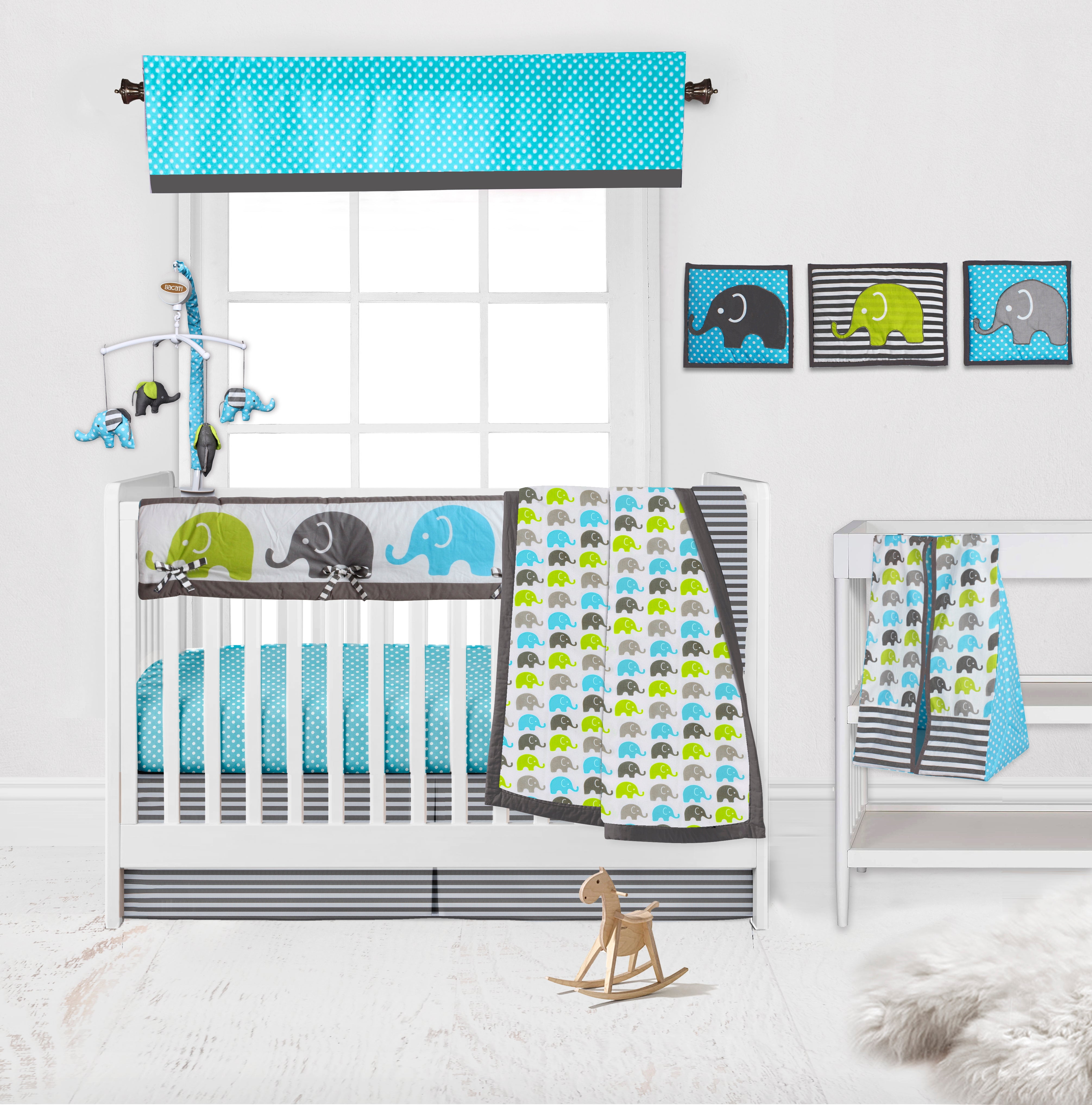 Bacati - Elephants Aqua/Lime/Grey Musical Baby Crib Mobile