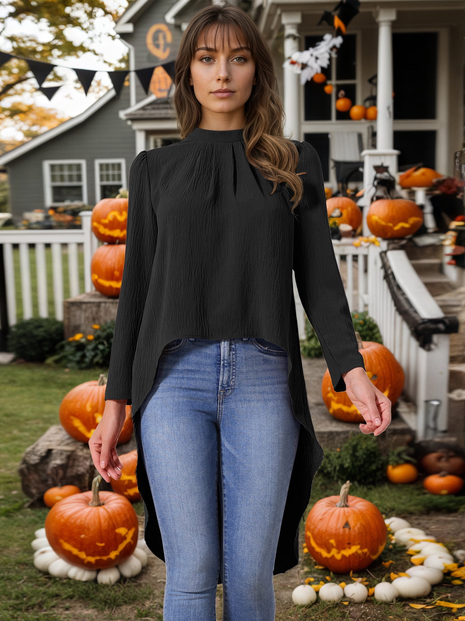 DARING DIVA Women's High Low Long Sleeve Asymmetrical Hem Casual Blouse S Black