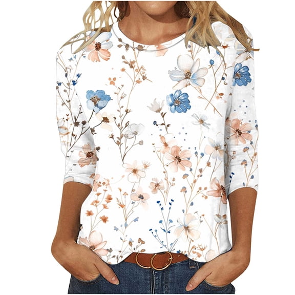 Womens Tops under $5 3/4 Sleeves Round Neck Printed Casual T-shirt White XXL