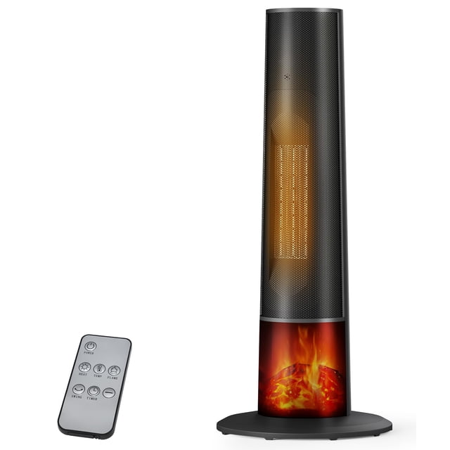Oylus Chauffe-Tour pour Usage Intérieur - Chauffage d'Appoint Portable de 25 Pouces avec Flamme 3D, Télécommande, Thermostat Réglable, 2 Modes de Chaleur, Multipl