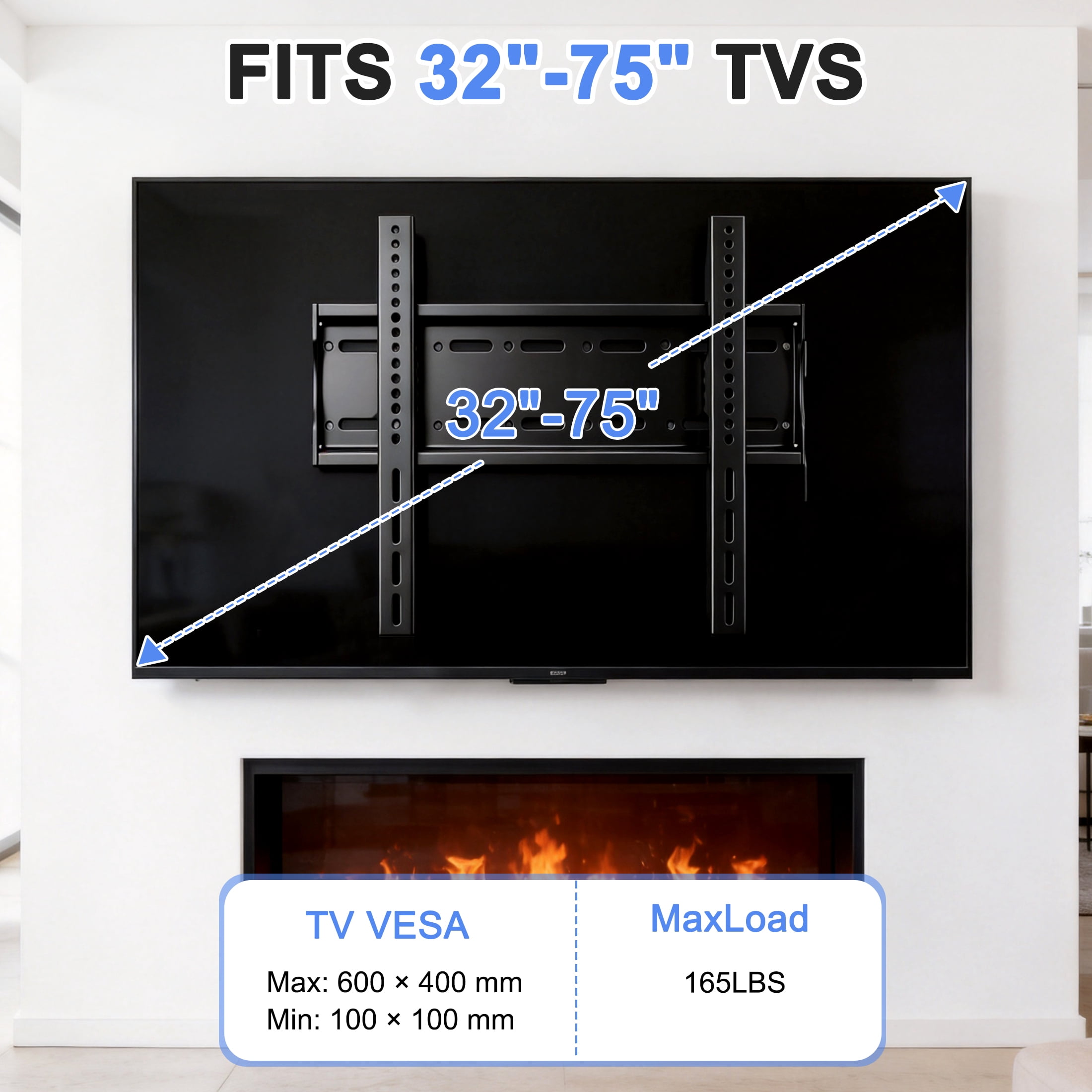 GARITIN TV Wall Mount Fixed Bracket, Low Profile TV Mount for 32" to 75" Flat Screen TVs, Holds 165 Lbs, Max VESA 600x400mm