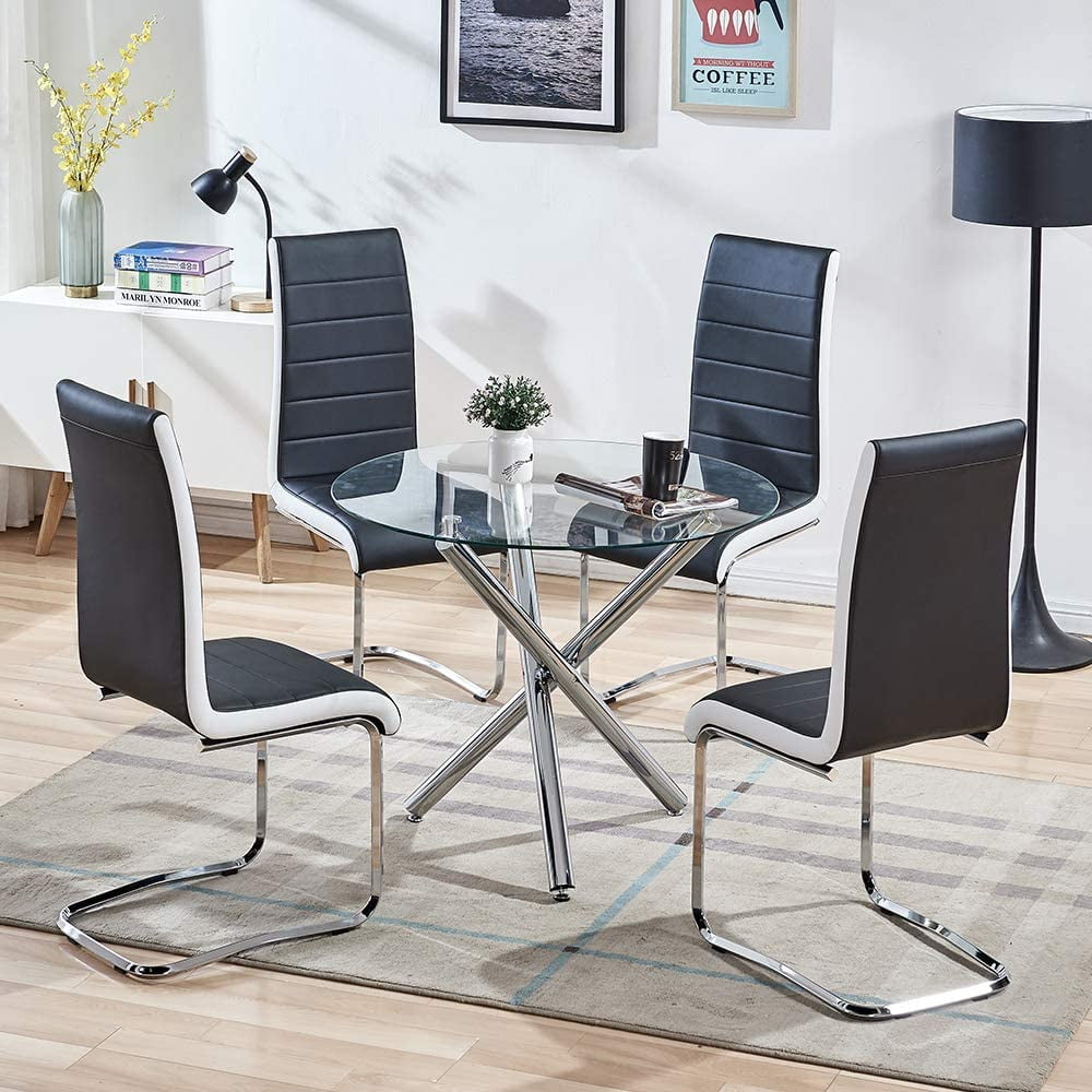 Modern Round Dining Table Set Clear Tempered Glass Top Table And Faux Leather High Back Chairs Dining Room Table Set For Kitchen Living Room Table 4 Black Chairs Walmart Com Walmart Com