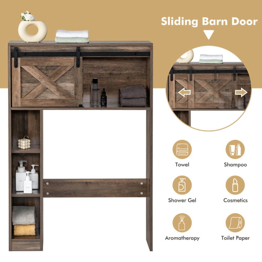 Finihen Toilet Storage Cabinet, Bathroom Cabinet Organizer, 4-Tier Over The Toilet Storage Cabinet with Sliding Barn Door and Storage Shelves, for Bathroom, Brown