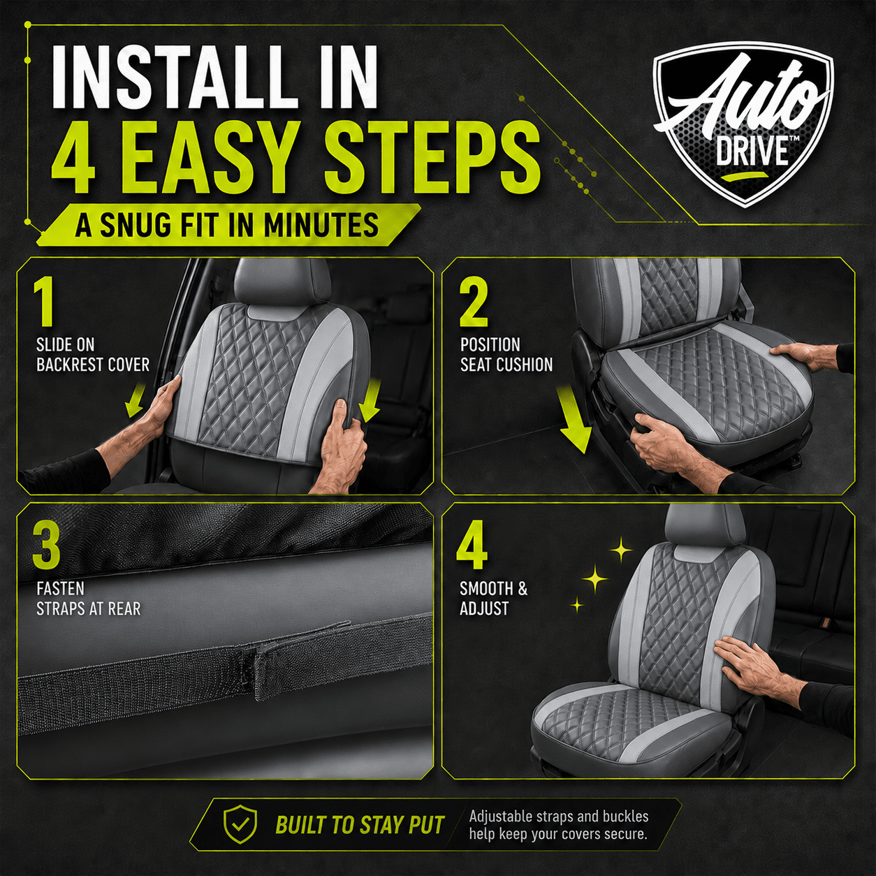 Auto Drive Car Seat Covers, Diamond Quilted Two-Tone Car Seat Covers Set, Universal Fit for Two Front Seats, Airbag Compatible for Cars, SUVs and Trucks Green Front Seat