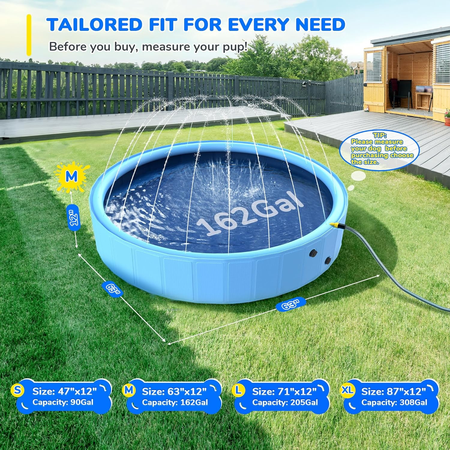 63'' Foldable Dog Pool, Sprinkler Pool for Kids, Non-Slip Heavy Duty Dogs Splash Pad for Small Dogs, Hard Plastic Kiddie Bathtubs for Backyard（2XL-162Gal）