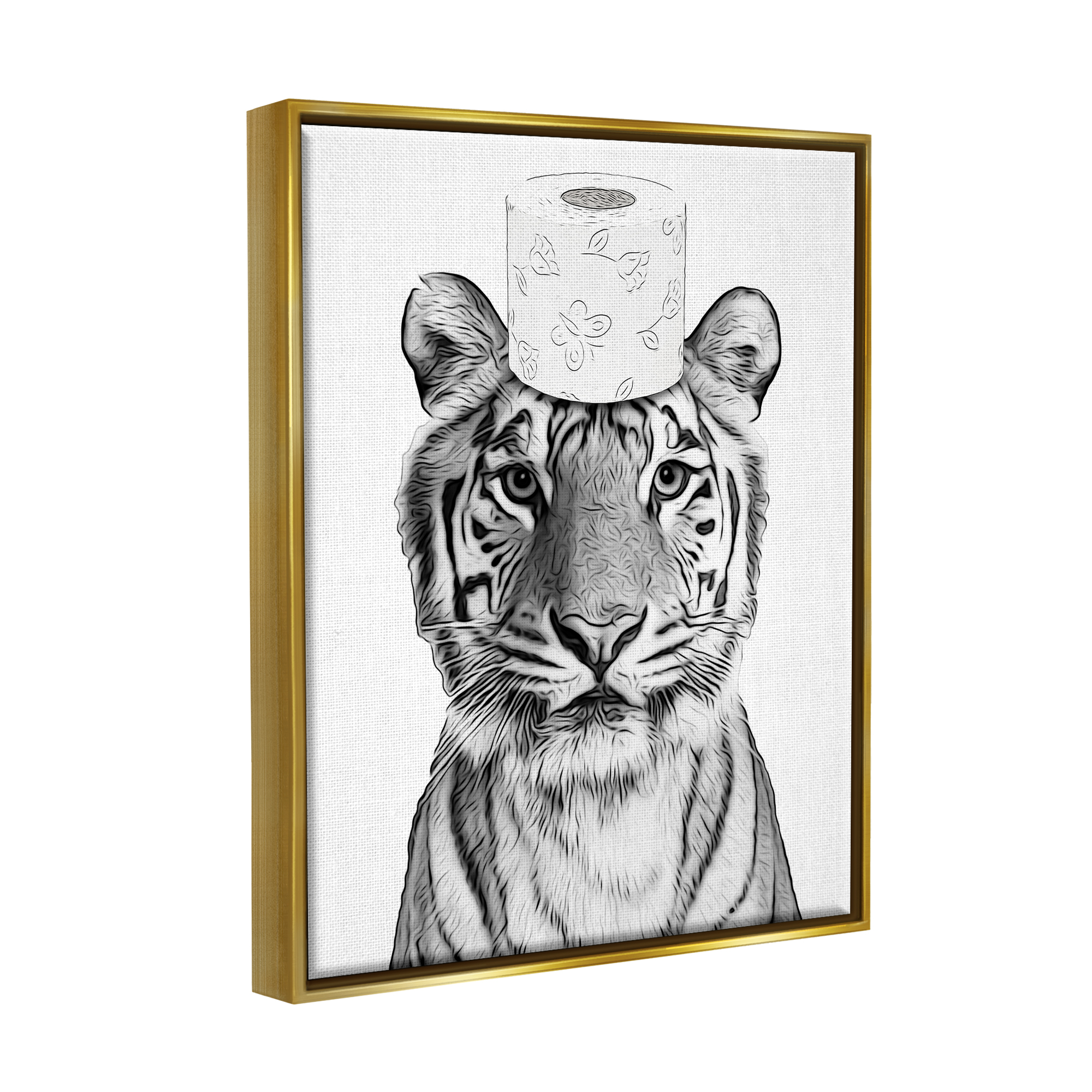 Stupell Industries Tiger Toilet Paper Bathroom Animals & Insects Painting Gold Floater Framed Art Print Wall Art