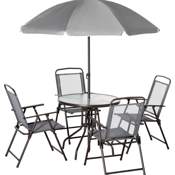 Outdoor Dining Set for 4 with Umbrella | Suitable for Patio, Deck & Garden Use | Breathable Mesh Seats on Folding Steel Chairs | Tempered Glass Table for Outdoor Entertaining