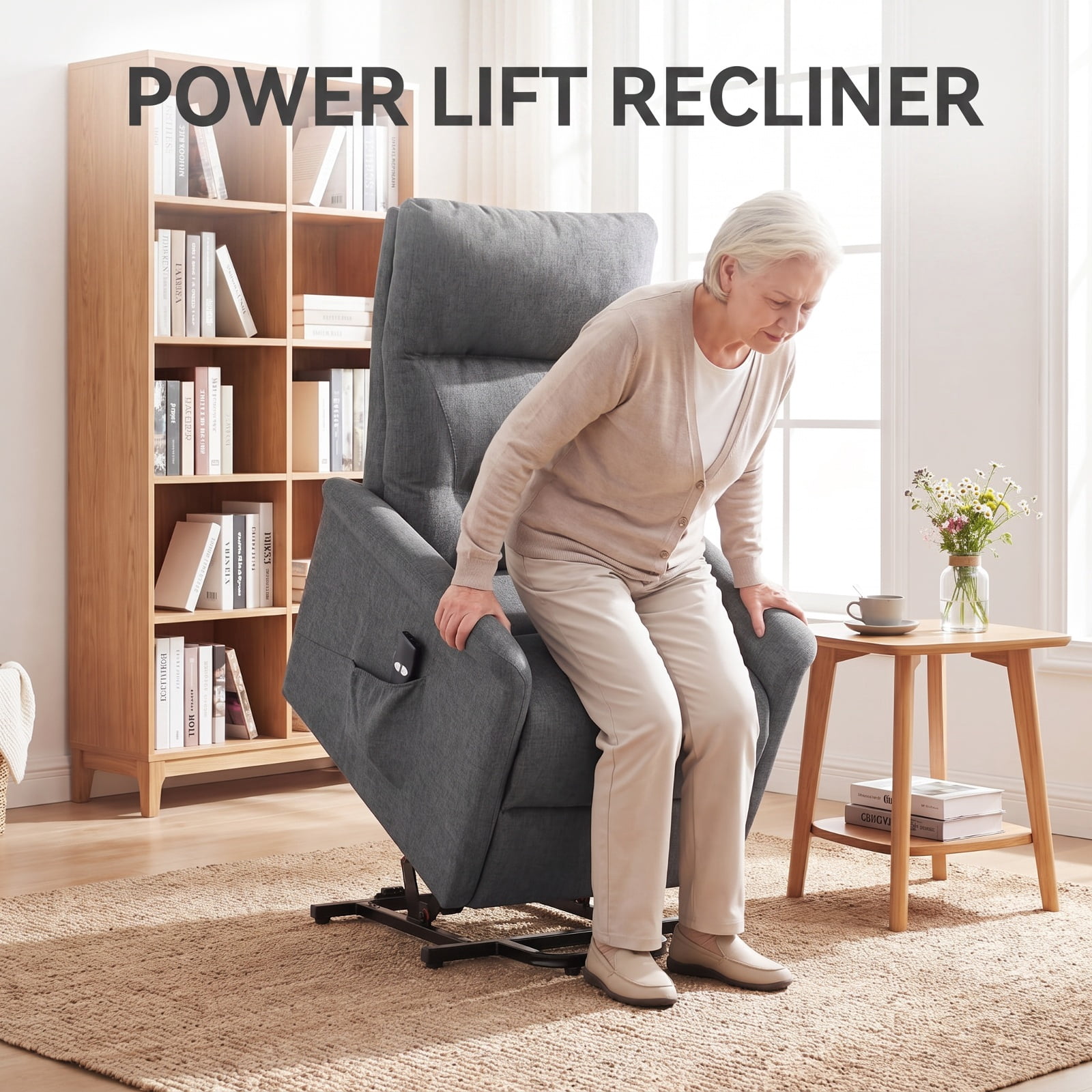 Furnibear Power Lift Recliner Chair for Elderly with Remote Control Retractable Footrest and Side Storage Pocket for Living Room and Bedroom, Gray