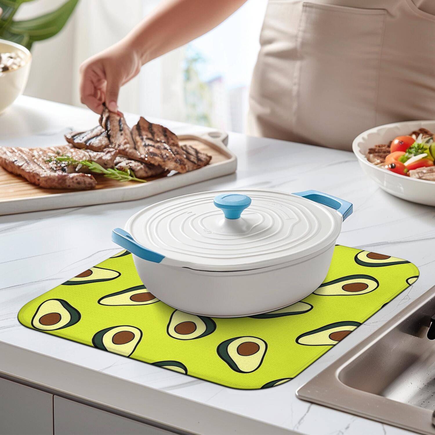 Avocado Art Kitchen Drying Mats 2 Pack - Absorbent Microfiber Dish Mat, Heat Resistant & Reusable Sink Drying Pad (Fruit Print)
