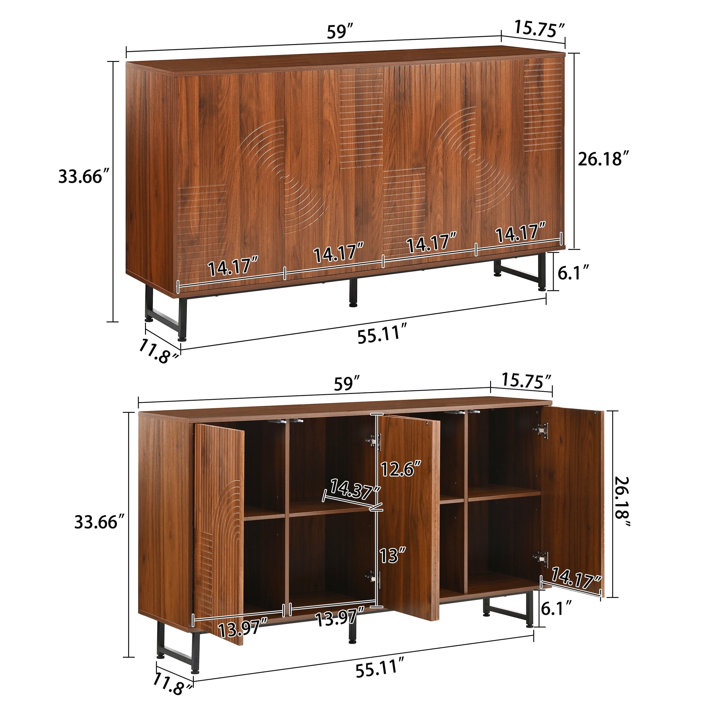 Aukfa 59" Mid-Century Modern Storage Cabinet, Wood Sideboard with Geometric Doors, Metal Legs for Living Room/ Entryway,Walnut