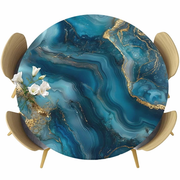 Abstract Marble Texture Round Fitted Table Cover Gradient Gold Deep Blue Art Waterproof Table Cloth with Elastic Edge Wipeable Tablecloth for Picnic Camping Party Fits 55"-60" Diameter