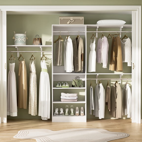 Homieasy 96'' Closet System with 3 Shelving Towers, 8FT Closet Organizer with Storage Shelves and Hanging Rods for Walk-in Closet, Bedroom, White