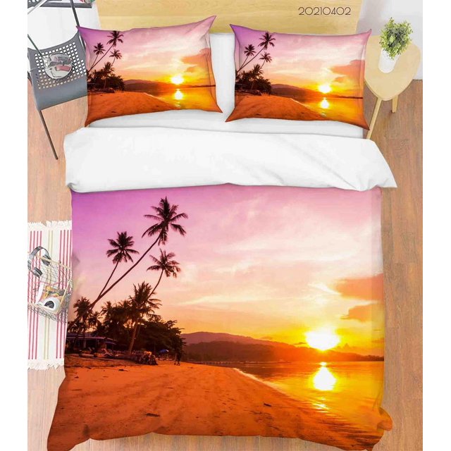 3D Sunset Sky Beach Coconut Tree Funda nórdica Juego de cama Set Funda nórdica