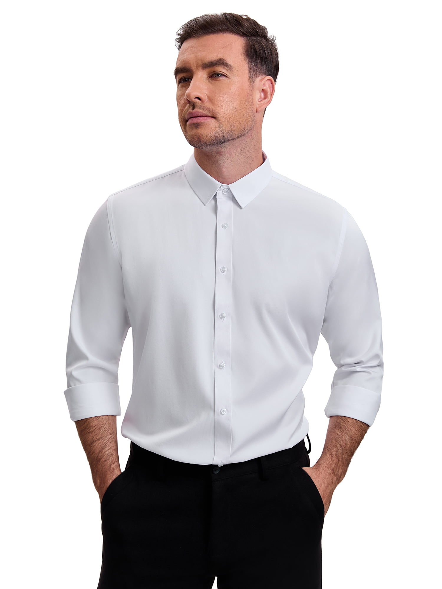 DARING DIVA Men's Point Collar Long Sleeve Button Down Formal Shirts XL White