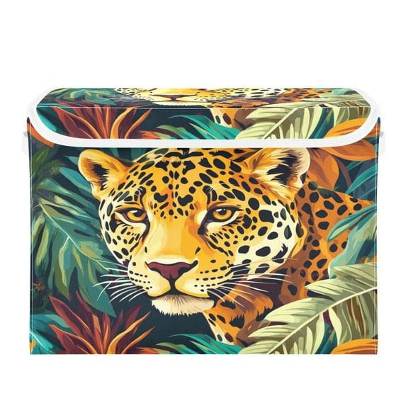 Storage Box With Lid 16.5x12.6x11.8In Foldable Stacked Household Storage Box Jungle Jaguar Pattern