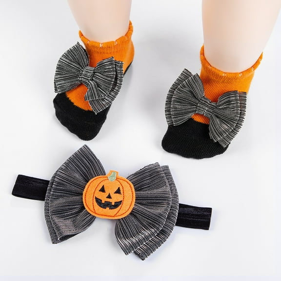 1 Set Halloween Sock Bow Hairband Set for Girl Kids Bow Knot Headband Soft Bownote Halloween Socks Photography Props Gifts for Baby