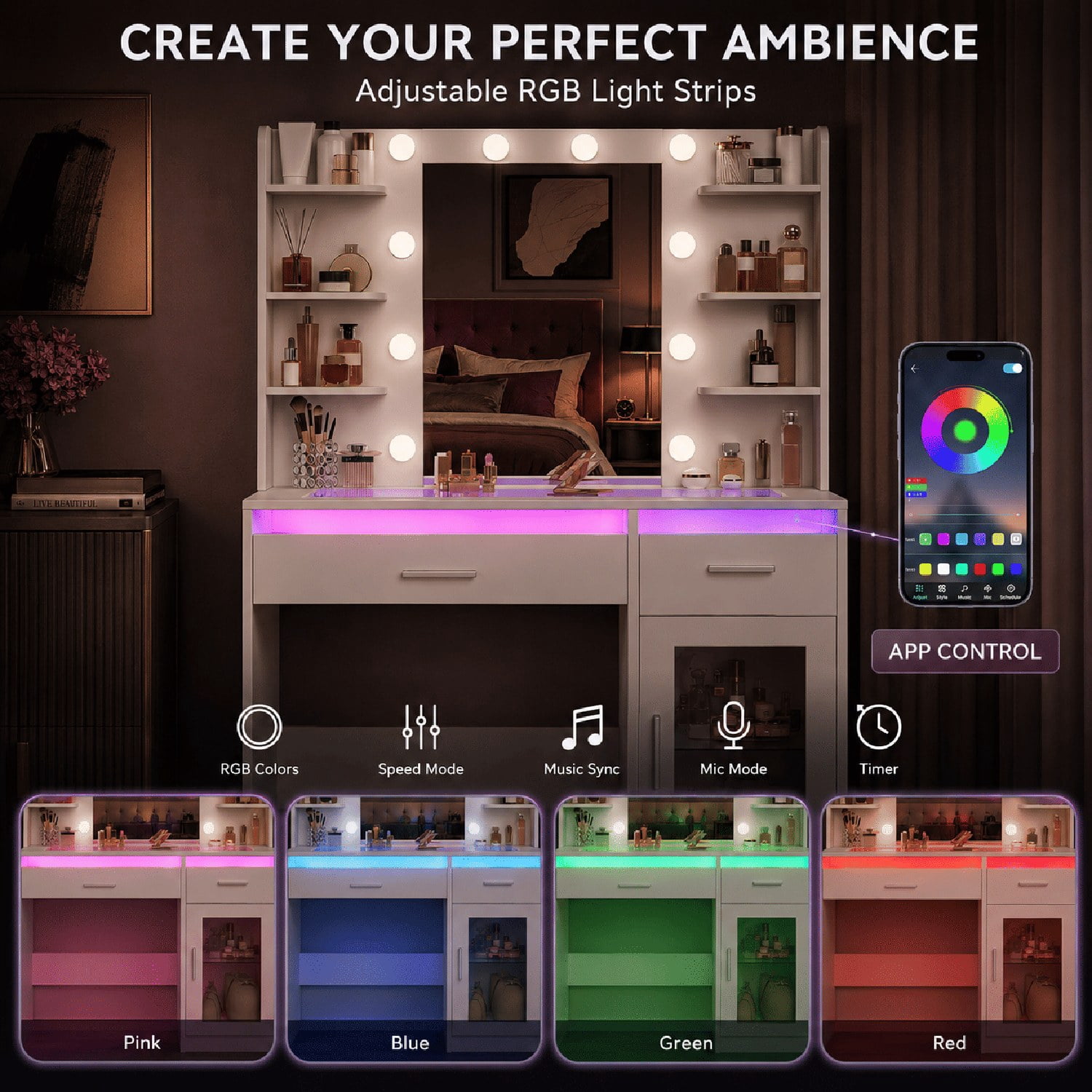 Vanity Desk with Lighted Mirror and UL-Certified Power Outlet, Makeup Table with App-Controlled RGB Light Strip, Storage Shelves, Cabinet and Drawers, MDF Wood, 35.4 in Wide