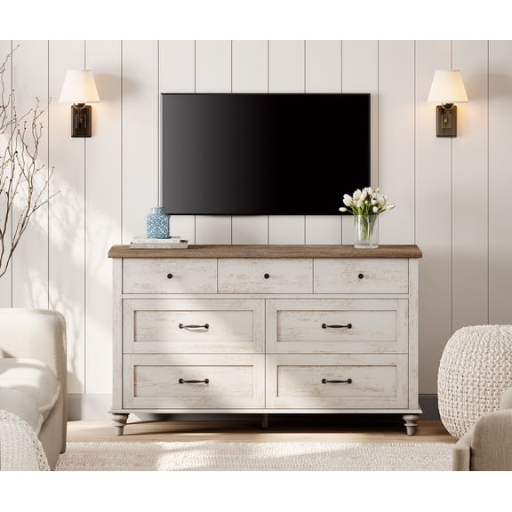 Wide Dresser with 7 Drawers, Large Dresser TV Stand for Living Room Kids Room, Antique White
