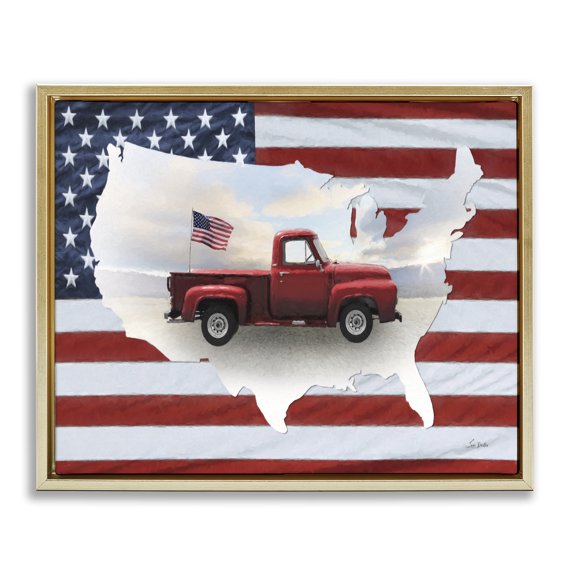 Stupell Industries Traditional Farmhouse American Flag Gold Floating Frame Canvas Art, 21 x 17, by Lori Deiter
