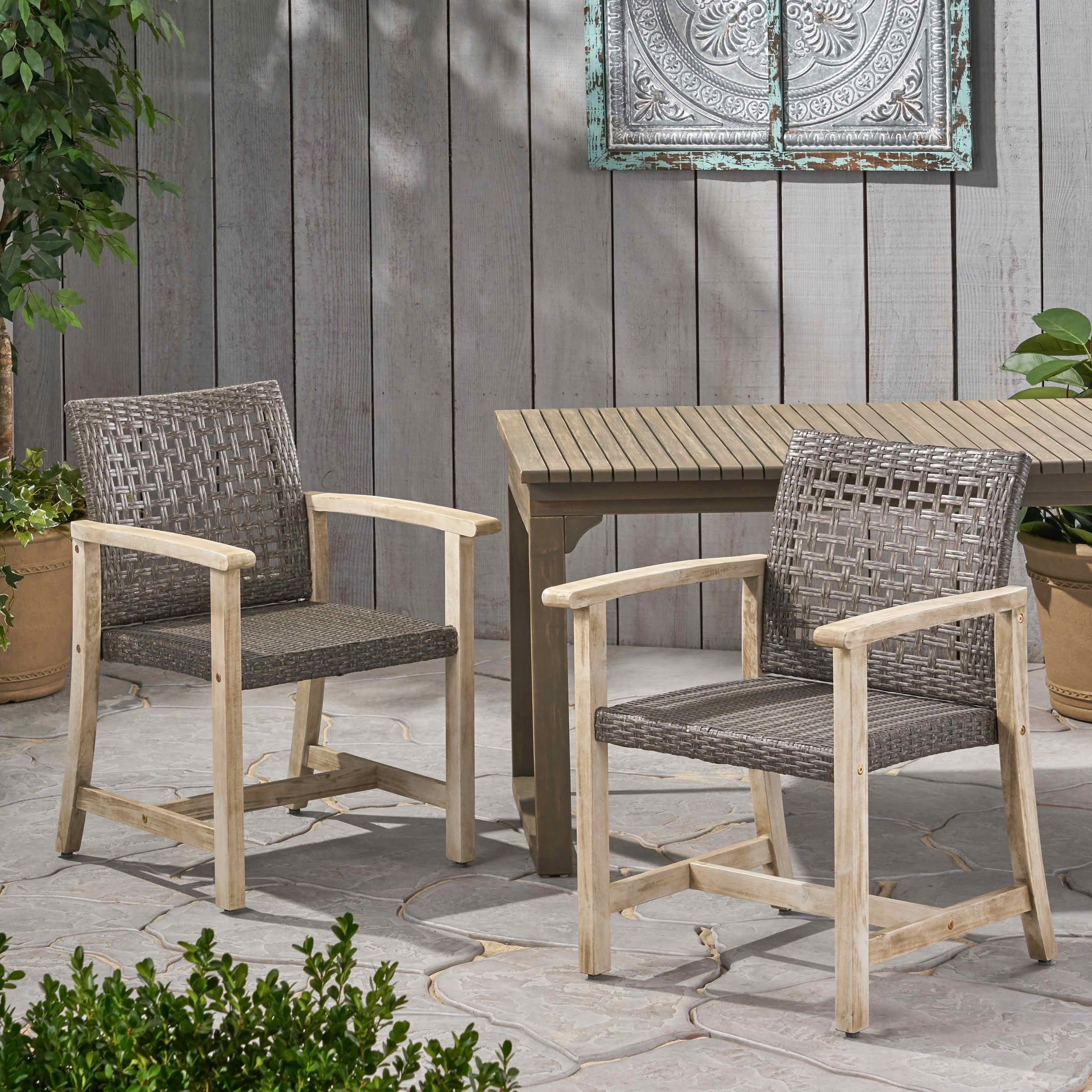 MAYEERTY Set of 2 Patio Acacia Wood Outdoor Dining Chairs with Woven Seating 400lbs Capacity