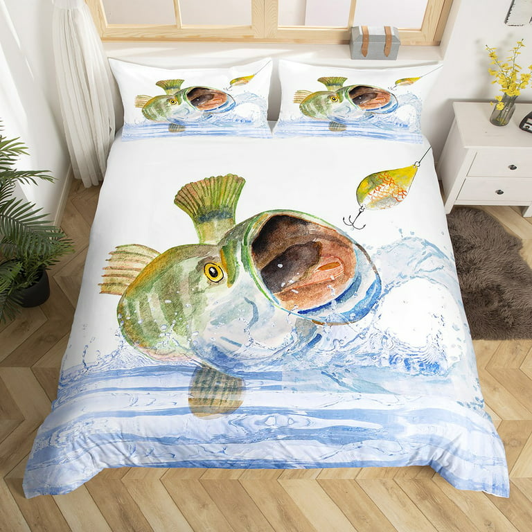 Watercolor Bass Bedding Sets Queen Fishing Hunting Comforter Cover