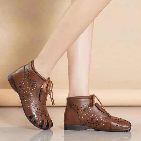 

Women Shoes Fashion Soft Leather Beef Tendon Soft Bottom Flat Heel Hollow Breathable Round Toe Shoes Four Seasons Short Boots Coffee 7.5