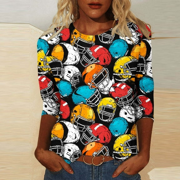 Gamivast Game Day Shirts Women Plus Size 3/4 Sleeve Football Print Tunic Blouse Trendy Crew Neck Drop Shoulder Sweatshirts Holiday Going Out Tops
