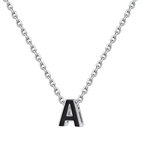 FOCALOOK 925 Sterling Silver Initial Necklace for Women Dainty Black Tiny Cute Letter A Pendant Choker Necklace Jewelry Gift 16inch