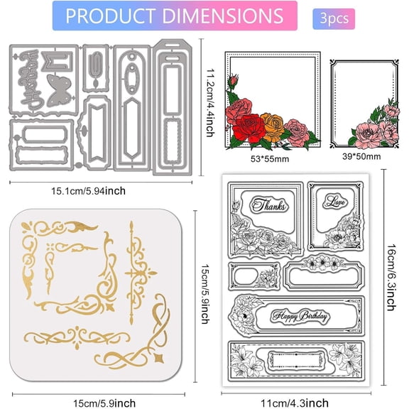 Floral Label Frame Clear Silicone Stamp Metal Flower Border Cutting Die Cuts Rose Corner Paint Craft Stencils for Card Making Scrapbooking Craft DIY Embossing