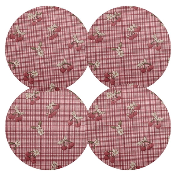 Red Gingham Cherries with Tiny Florals PVC Round Grid Placemat Table Mat Set 4 Pcs 15.4" x 15.4"
