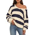 thumbnail image 2 of Womens Sweaters Off The Shoulder Long Sleeve Chunky Open Knit Pullover Sweaters Oversized Striped Casual Sweater, 2 of 4