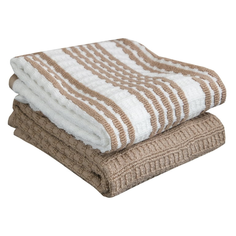 Solid and Stripe Waffle Kitchen Towel, Two Pack, Sand