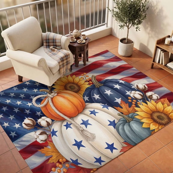 Fall Pumpkins Area Rugs 8'x10', Small Throw Rugs for Living Room Patio, American Flag Sunflower Botanical Thanksgiving Indoor Outdoor Rug Non-Slip Low Pile Carpet Runner Reversible Floor Mats