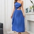 thumbnail image 4 of Bigersell Plus Size Dress Sleeveless Elastic Waist Fashion Women Casual Solid One-Shoulder Sleeveless Backless Belt Long Dress Plus Wrap Dress Style 4173, Female Cropped Dresses Blue L, 4 of 8